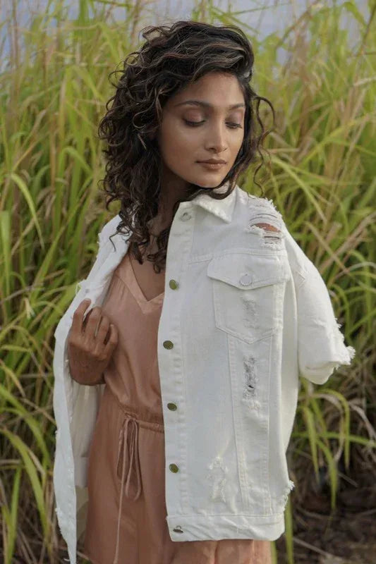 Distressed White Denim Jacket - DAVERRI FASHIONS