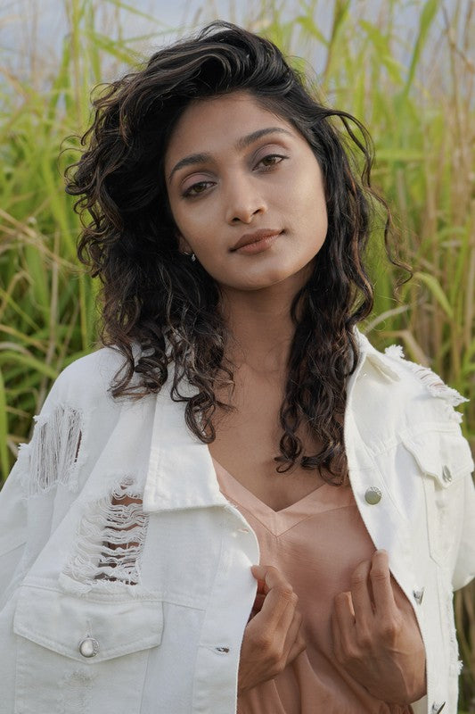 Distressed White Denim Jacket | Denim Jackets Daverri Fashions