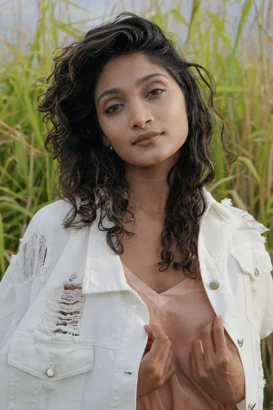 Distressed White Denim Jacket - DAVERRI FASHIONS