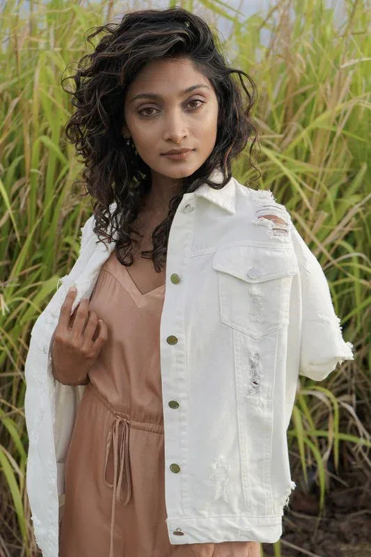 Distressed White Denim Jacket - DAVERRI FASHIONS