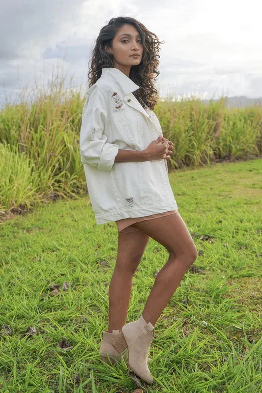Distressed White Denim Jacket - DAVERRI FASHIONS