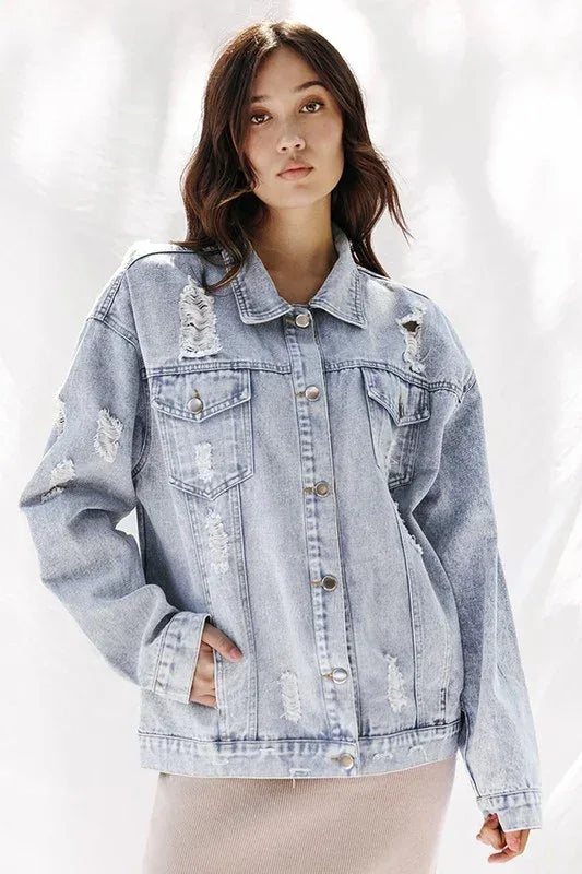 Distressed White Denim Jacket - DAVERRI FASHIONS