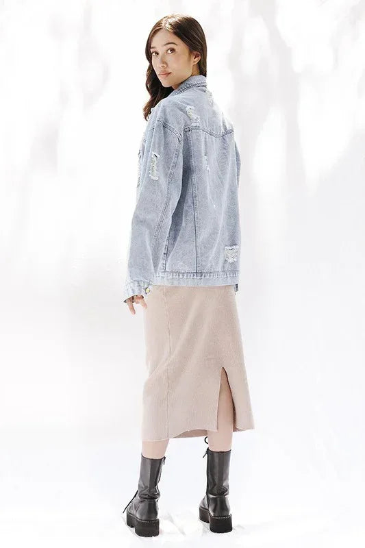 Distressed White Denim Jacket - DAVERRI FASHIONS
