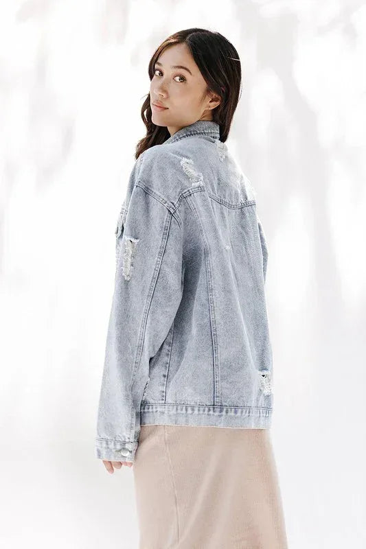 Distressed White Denim Jacket - DAVERRI FASHIONS