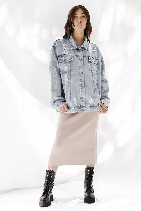 Distressed White Denim Jacket - DAVERRI FASHIONS
