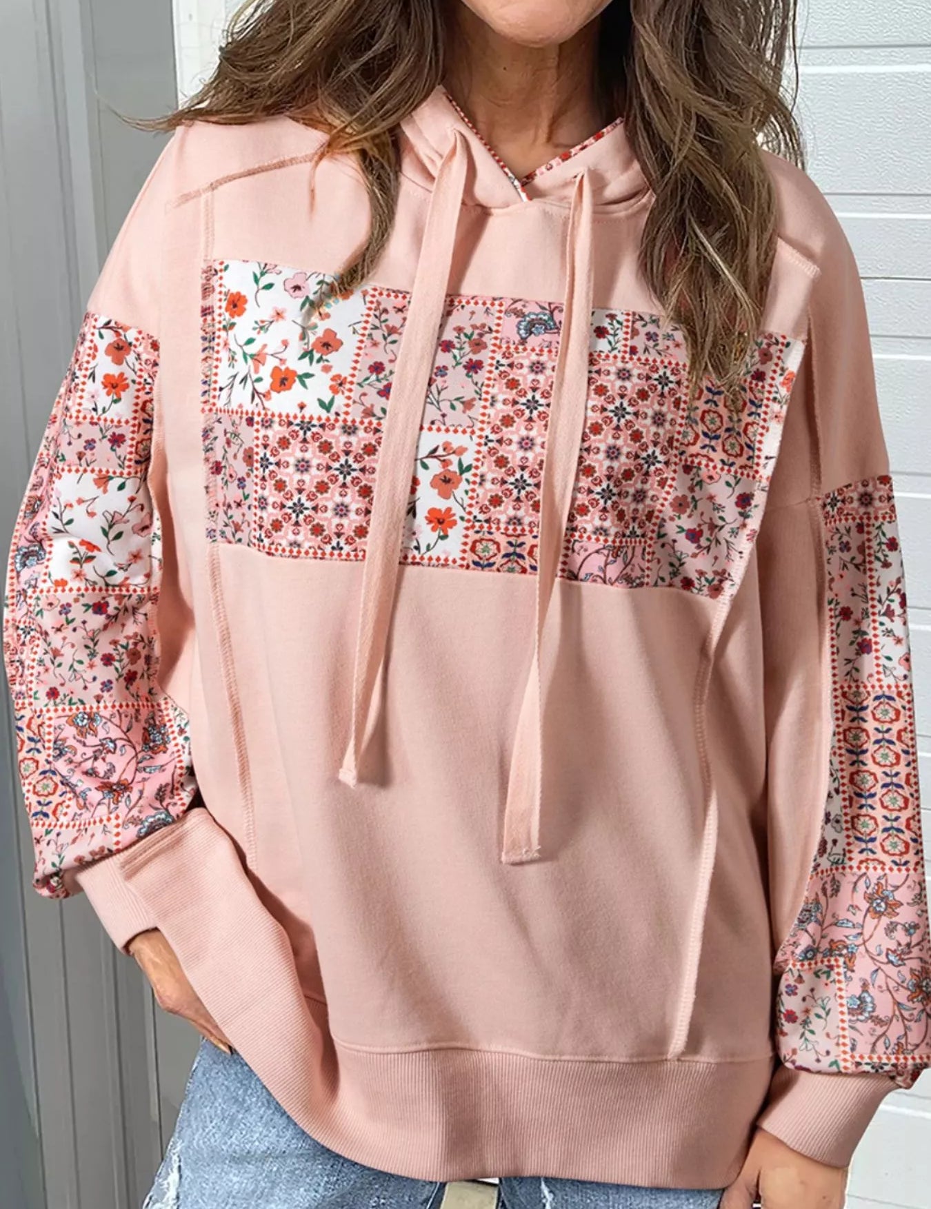 Dusty Pink Floral Print Drawstring Long Sleeve Hoodie | Hoodies Daverri Fashions