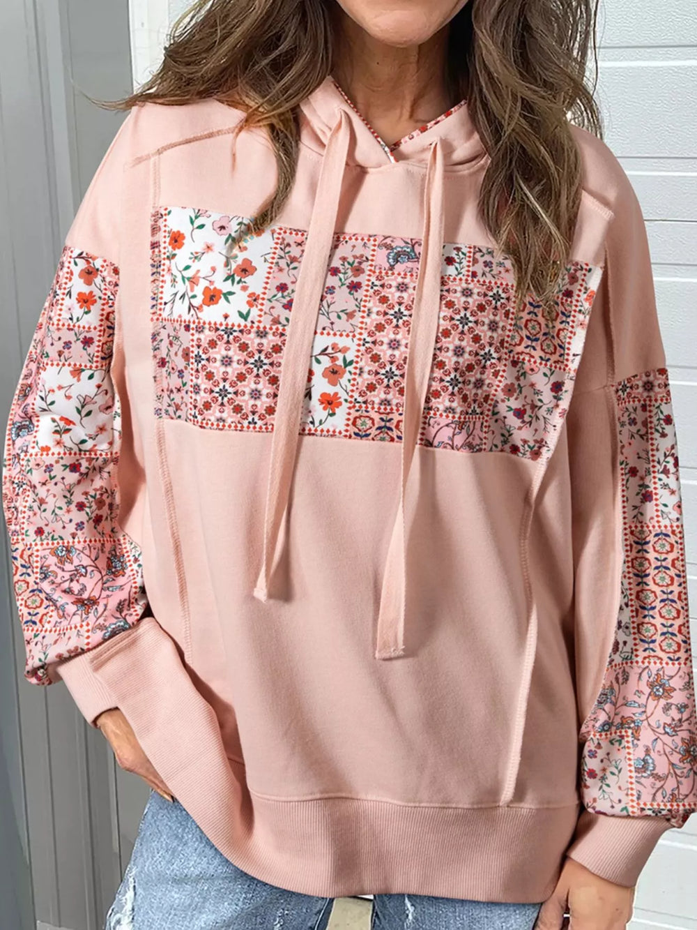 Dusty Pink Floral Print Drawstring Long Sleeve Hoodie | Hoodies Daverri Fashions