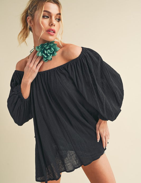 Aemi + Co Off-Shoulder Balloon Sleeve Blouse Black Blouses