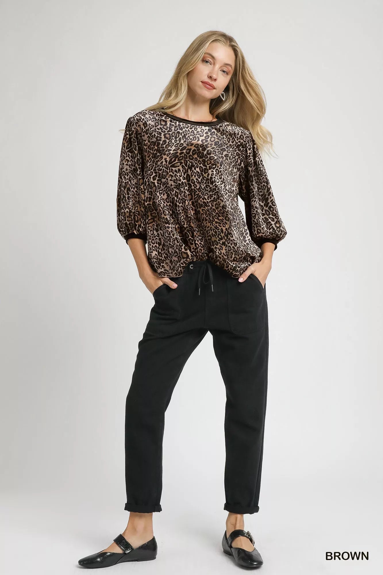 Umgee Leopard Round Neck Three-Quarter Sleeve Blouse | Blouses Daverri Fashions