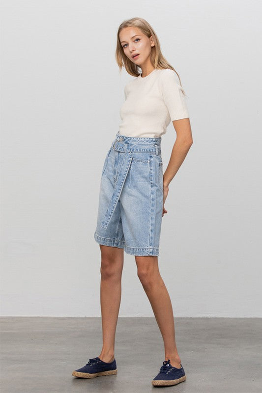 Self Belted Bermuda Denim Shorts Shorts