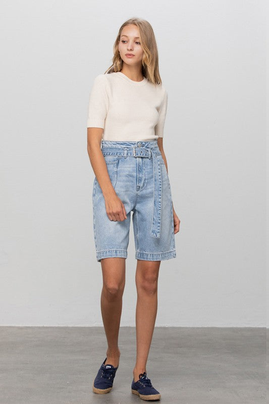 Self Belted Bermuda Denim Shorts Shorts