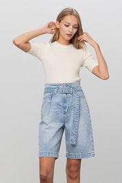 Self Belted Bermuda Denim Shorts | Shorts Daverri Fashions