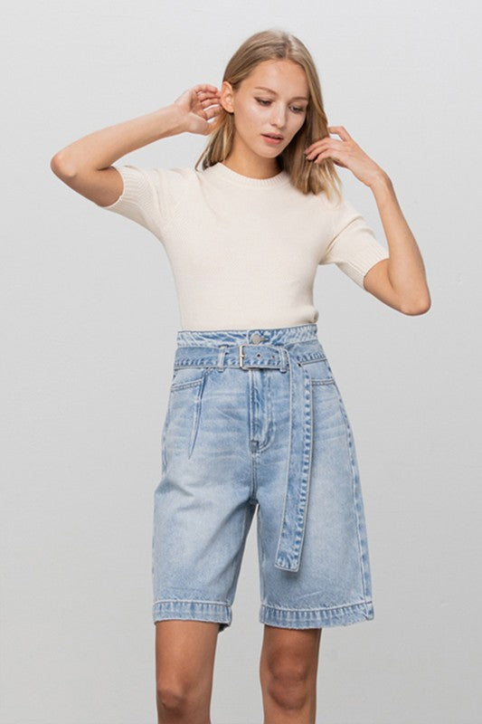 Self Belted Bermuda Denim Shorts Shorts