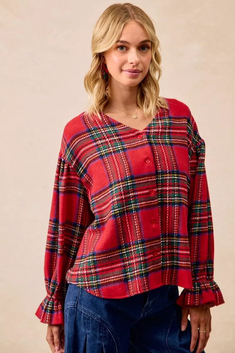 BiBi Christmas Plaid V-Neck Flounce Sleeve Jacket | Jackets Daverri Fashions