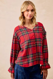 BiBi Christmas Plaid V-Neck Flounce Sleeve Jacket | Jackets Daverri Fashions