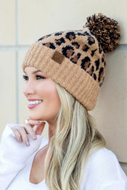 Latte OneSize CC Leopard Pom Beanie | Daverri Fashions