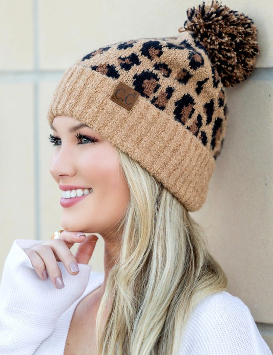 Latte OneSize CC Leopard Pom Beanie | Daverri Fashions