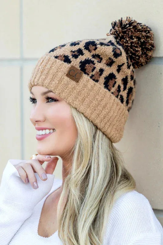 CC Leopard Pom Beanie - DAVERRI FASHIONS