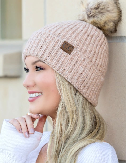 Sand OneSize CC Cozy Marled Pom Beanie | Daverri Fashions
