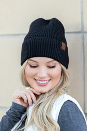 Black OneSize CC Fine Yarn Cuff Beanie | Daverri Fashions