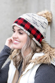 Ivory Red OneSize CC Buffalo Pom Beanie | Daverri Fashions