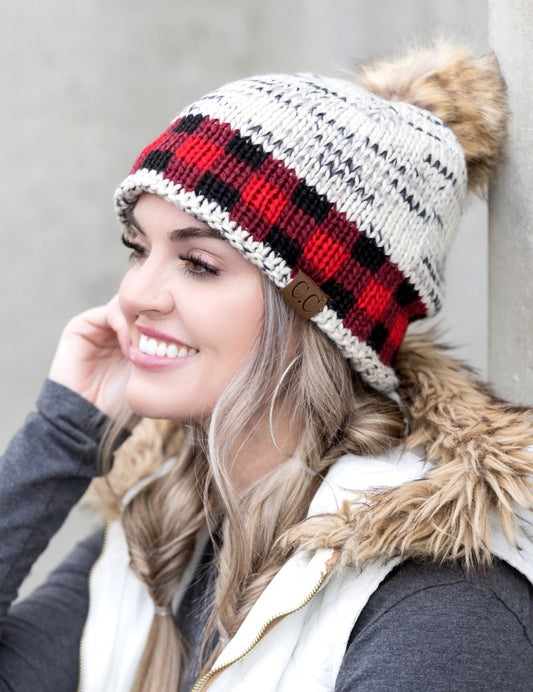 Ivory Red OneSize CC Buffalo Pom Beanie | Daverri Fashions