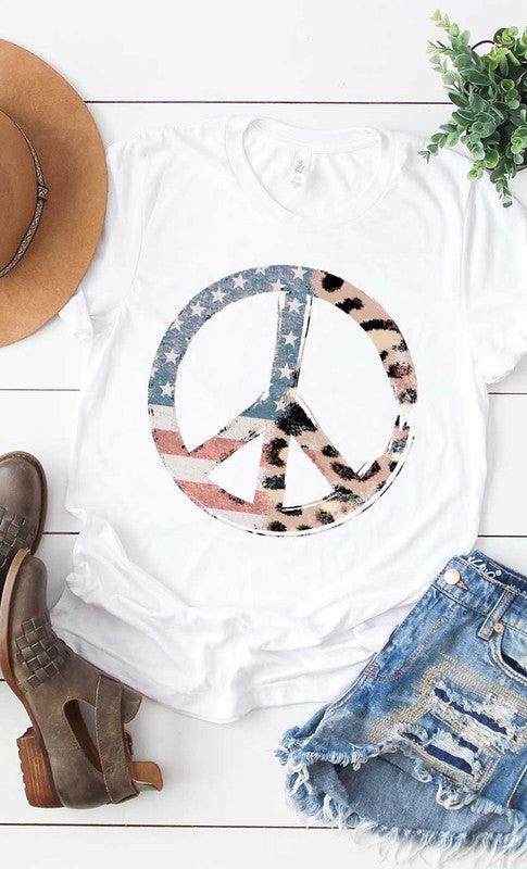 Distressed Vintage Flag Peace Sign Graphic Tee White Graphic Tees