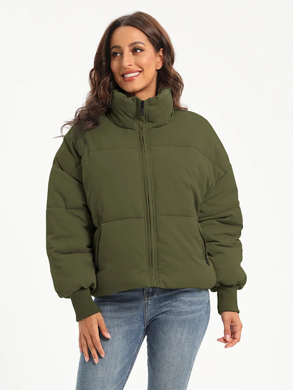 Olive green zip-up turtleneck puffer jacket with high collar