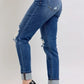 Judy Blue Full Size Mid Rise Boyfriend destroy Jeans with Yoke Pockets and Faux Selvedge Cuff Plus Size - DAVERRI FASHIONS