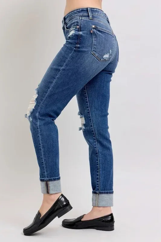 Judy Blue Full Size Mid Rise Boyfriend destroy Jeans with Yoke Pockets and Faux Selvedge Cuff Plus Size - DAVERRI FASHIONS