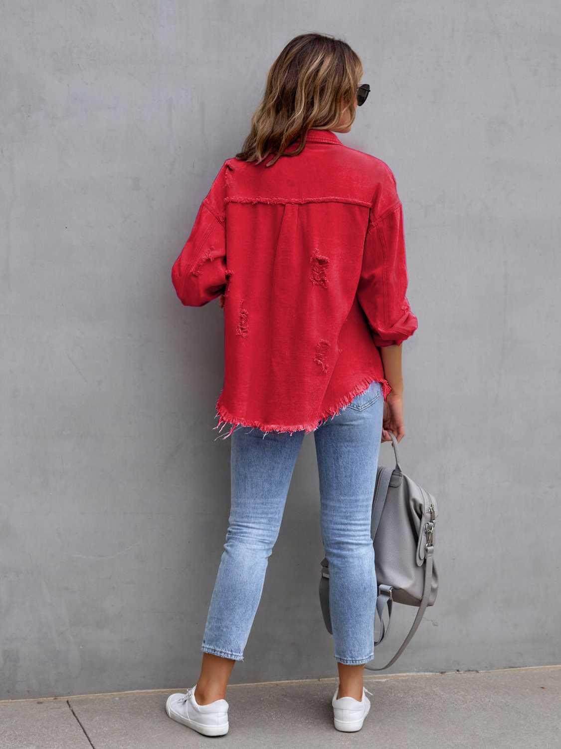 Distressed Drop Shoulder Denim Jacket - DAVERRI FASHIONS
