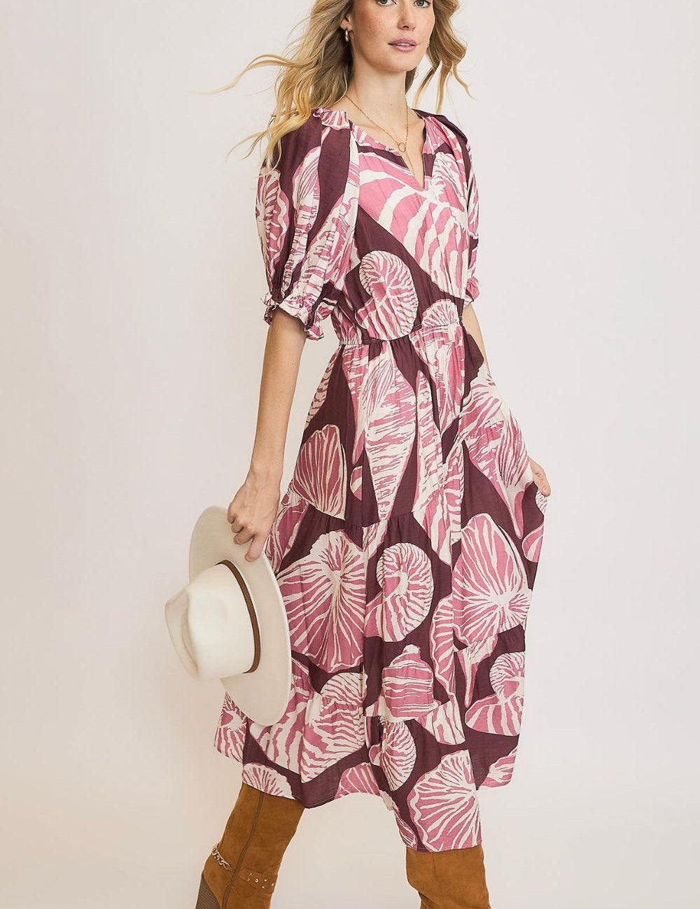 Umgee Full Size Printed Notched Puff Sleeve Midi Dress Plus Size | Daverri Fashions