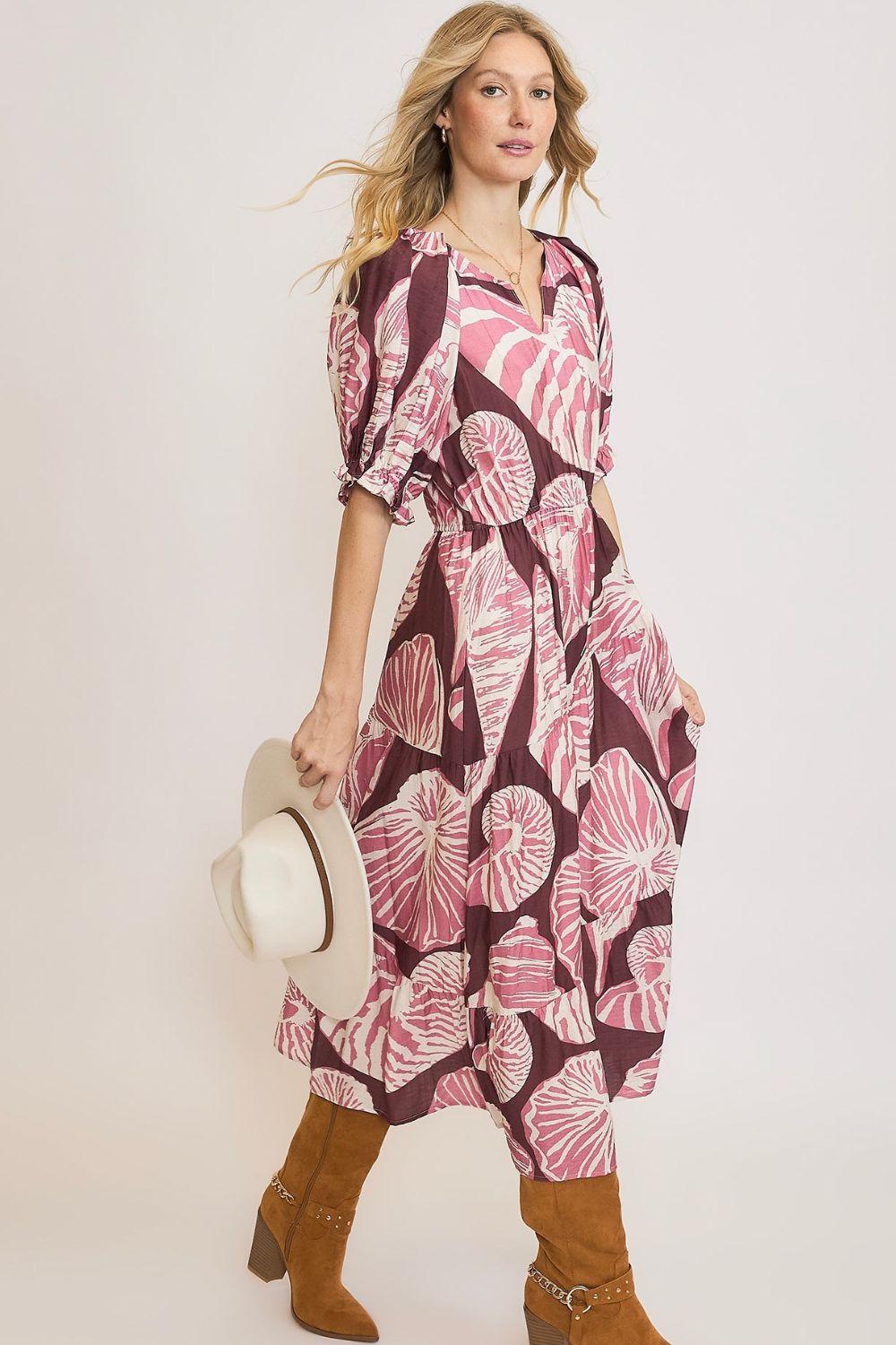 Umgee Full Size Printed Notched Puff Sleeve Midi Dress Plus Size