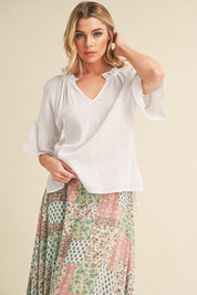 Aemi + Co Side Slit Notched Ruffled Half Sleeve Blouse | Blouses Daverri Fashions