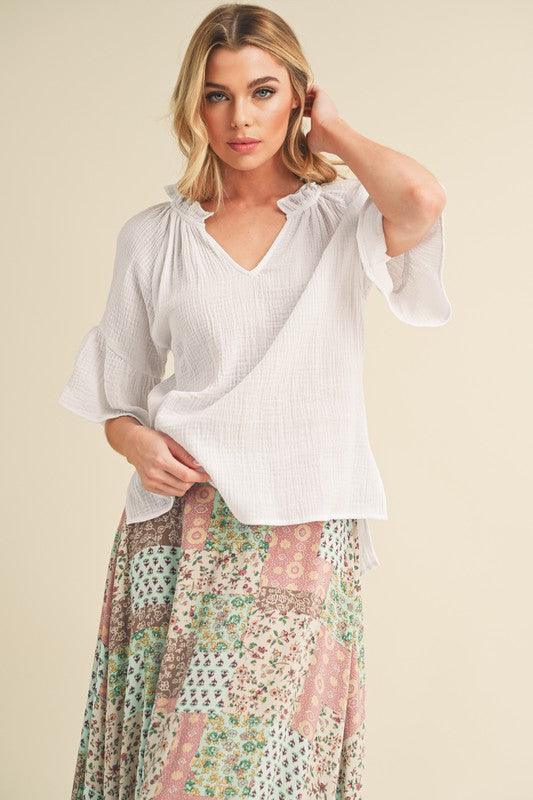 Aemi + Co Side Slit Notched Ruffled Half Sleeve Blouse Blouses