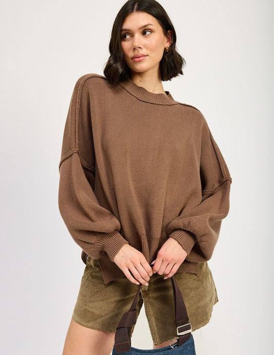 Oversized Long Sleeved Side Slit Sweater BROWN Tops