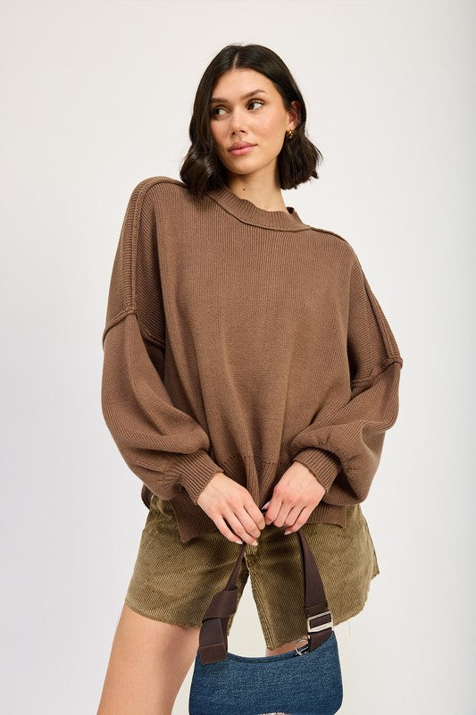 Oversized Long Sleeved Side Slit Sweater BROWN Tops