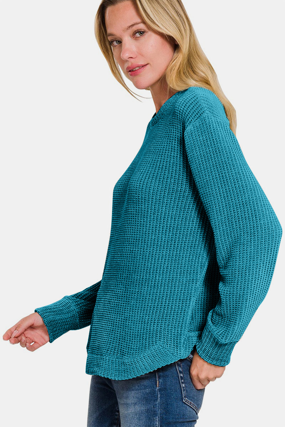 Chenille Waffle Round Neck Sweater Tops