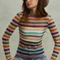 Vibrant SO ME Mardi Gras rainbow stripe stretch mesh top with dotted texture