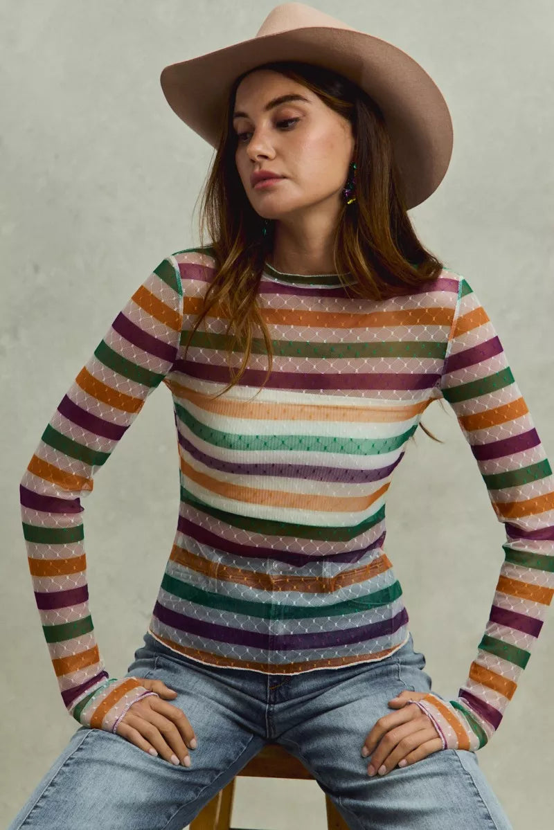 Vibrant SO ME Mardi Gras rainbow stripe stretch mesh top with dotted texture