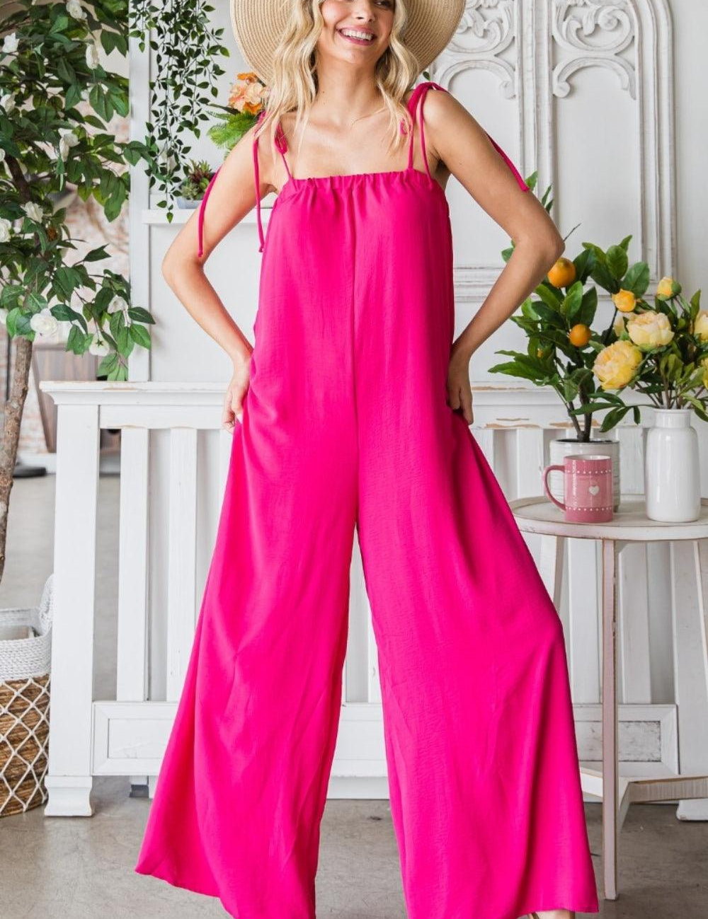 Veveret Pocketed Spaghetti Strap Wide Leg Jumpsuit FUCHSIA M Jumpsuits