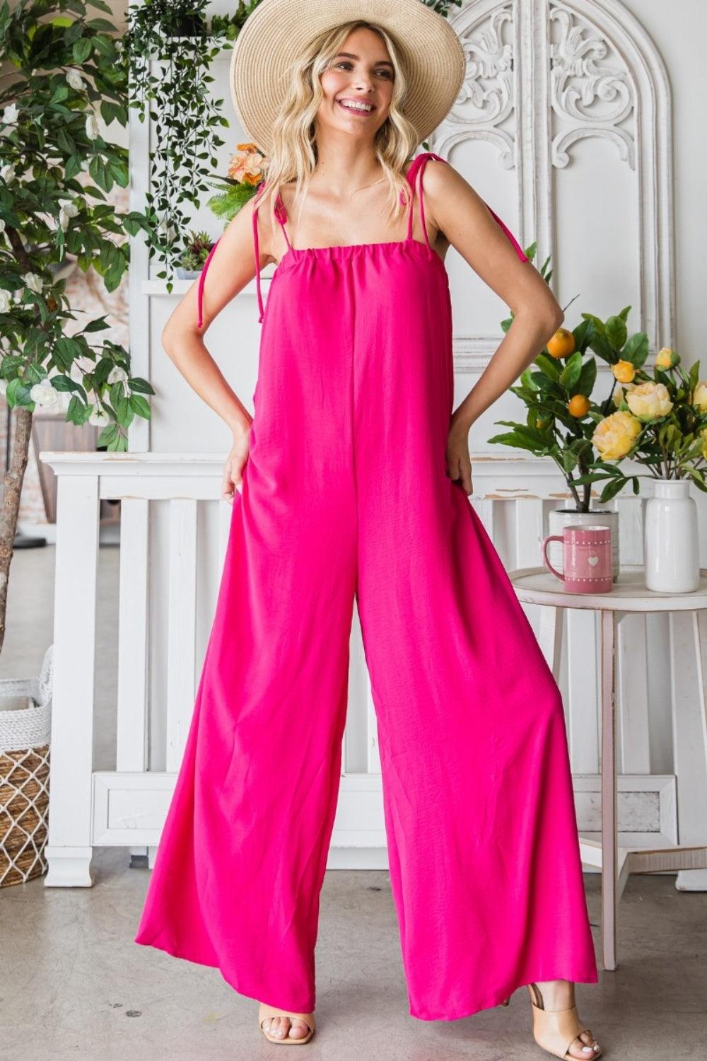 Veveret Pocketed Spaghetti Strap Wide Leg Jumpsuit FUCHSIA M Jumpsuits