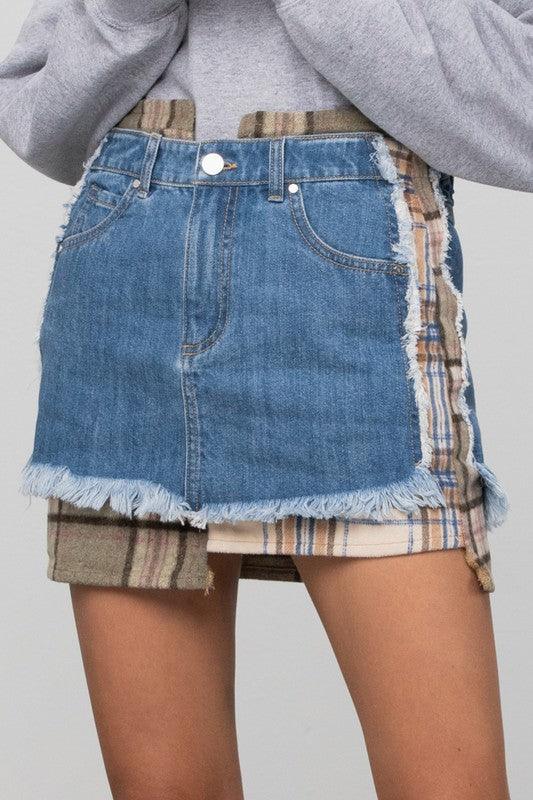 Plaid Checker Mini Denim Skirt DARK Skirts
