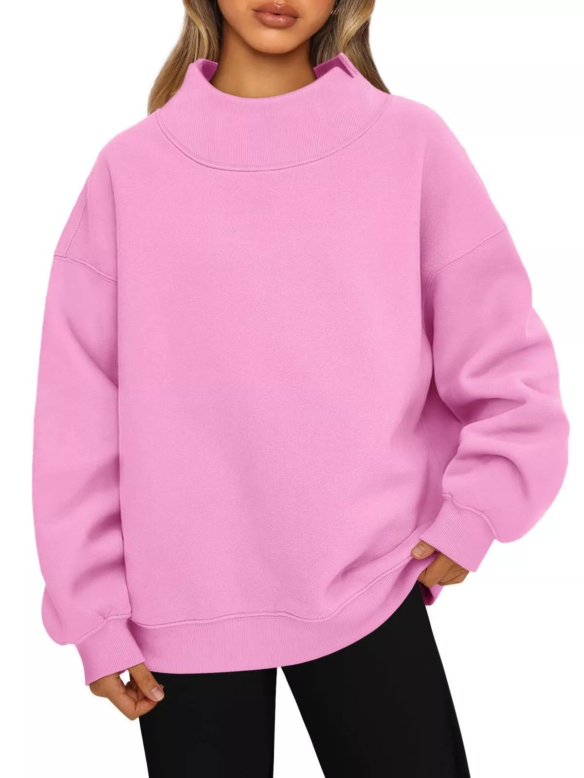 Pink mock neck dropped shoulder oversized crewneck sweatshirt