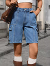 Daverri high-waisted mid-rise blue denim cargo shorts with pockets