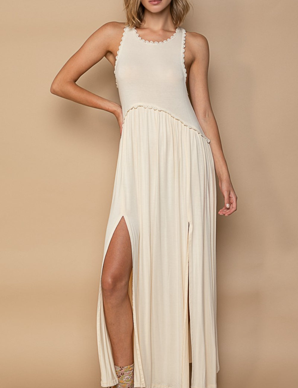 POL Sleeveless Back Zipper Front Slit Maxi Dress Cream