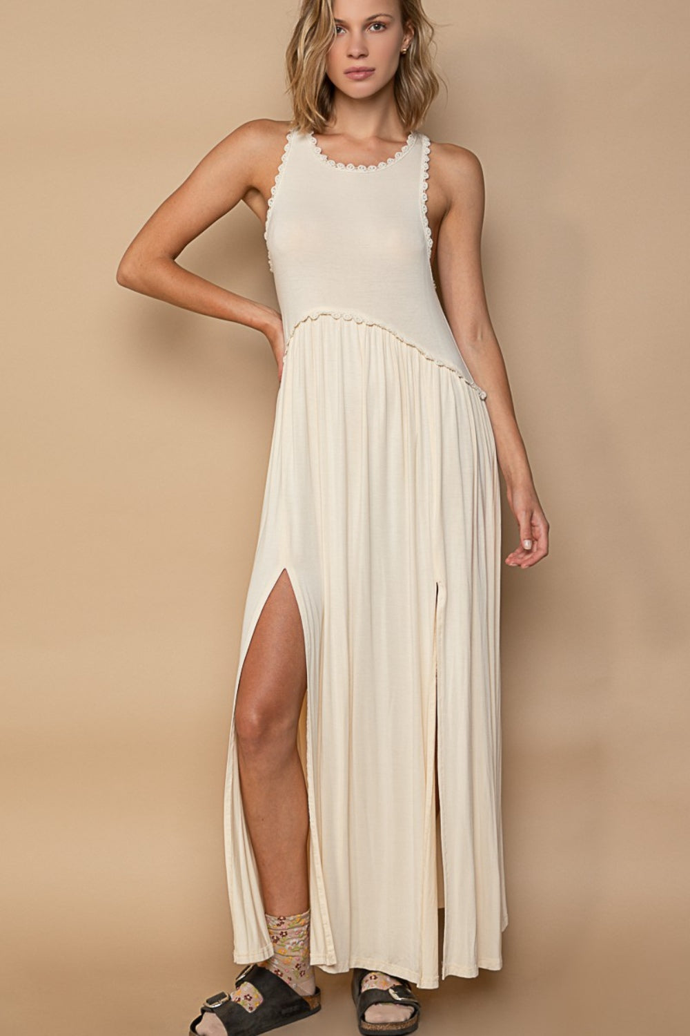 POL Sleeveless Back Zipper Front Slit Maxi Dress Cream