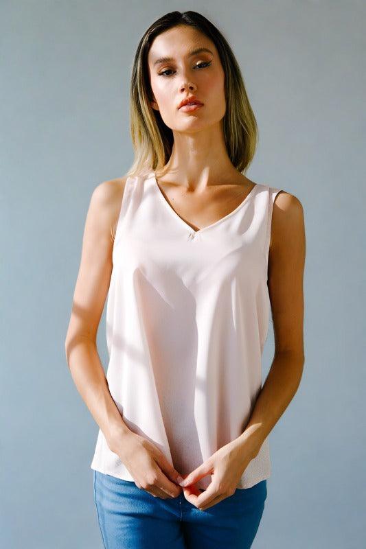 Cowl Neck Back V-Neck Tank Top Pink Tank Tops