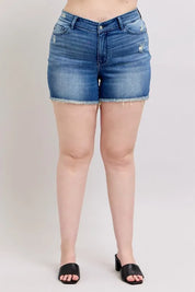 Judy Blue Full Size V-Front Denim Shorts with Shield Pockets Plus Size | Daverri Fashions