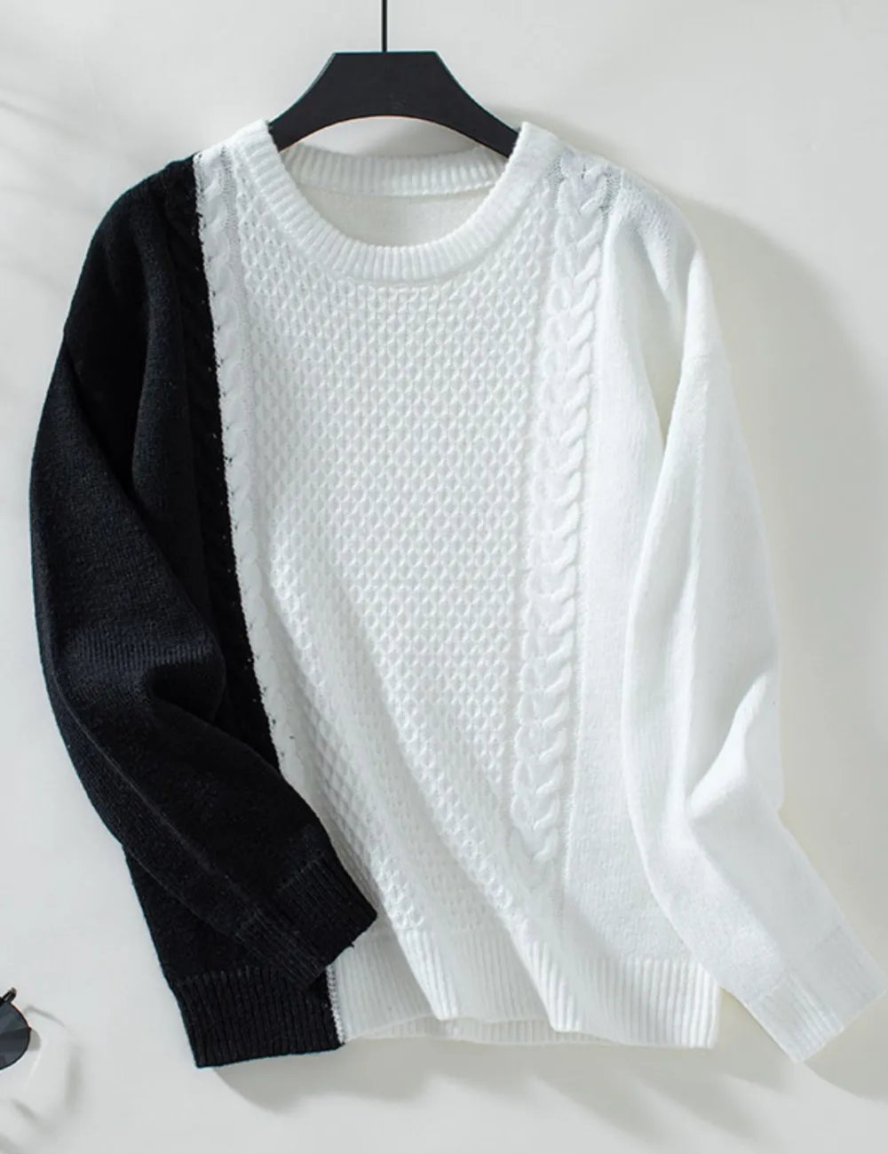 Black Two Tone Cable Knit Round Neck Long Sleeve Sweater | Sweaters Daverri Fashions